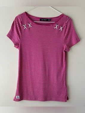 Lauren Ralph Lauren 100% Cotton Stripe T-Shirt Tee Shirt Fuchsia Pink White M